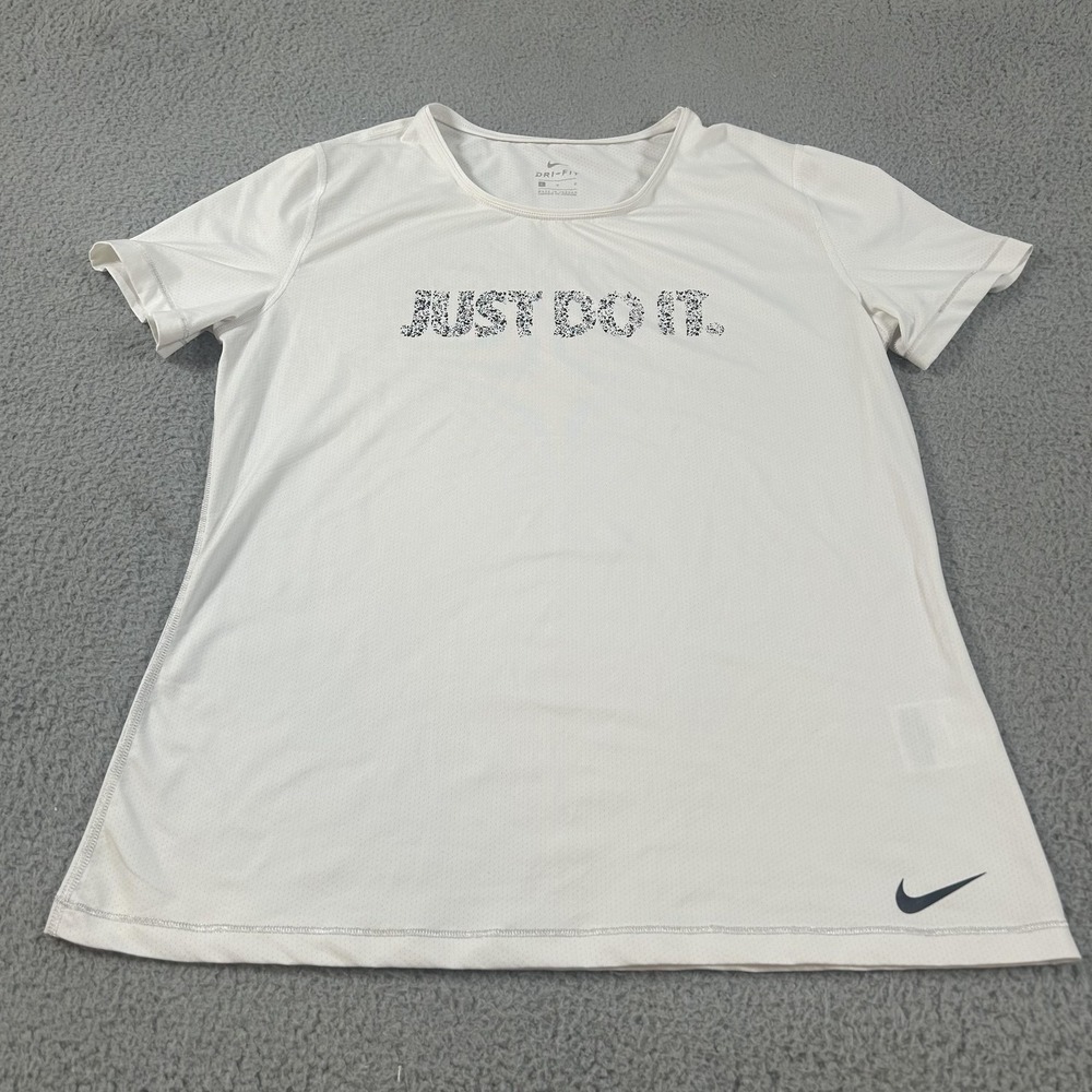 Nike Dri-FIT Shirt Womens Large White Just Do It Graphic Running Athletic Top